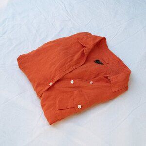 Red, vintage, 100% Irish, linen shirt with a buttoned front pocket